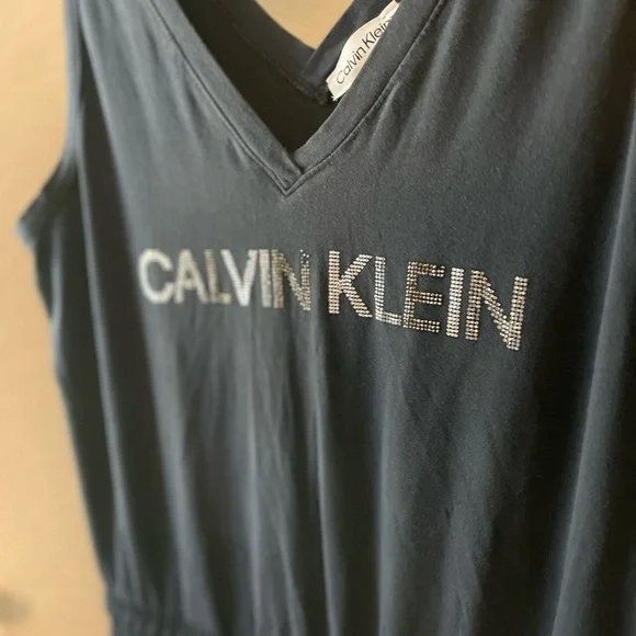 Calvin Klein Rhinestone Logo Navy V-Neck Jumpsuit - Picture 1 of 4